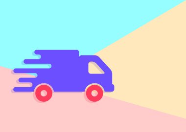 Düz çizgi modern pastel renkli sanat tasarım grafik görüntü konsepti pembe ve mavi arka plan üzerinde daha hızlı düz kamyon simgesinin