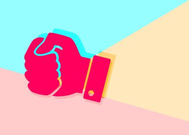 Düz modern sanat tasarım simgesi el pembe ve mavi zemin üzerine bir yumruk sıkıştırılmış grafik görüntü. hakları için mücadele kavramı