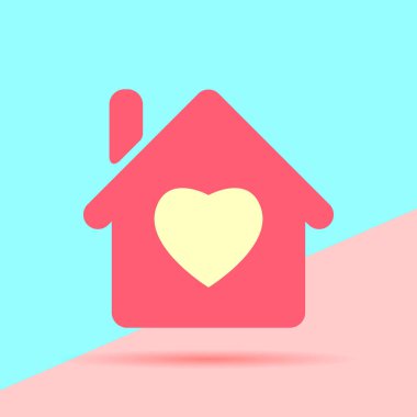 kalp simgesi mavi ve pembe arka plan üzerinde gölge ile düz modern pastel renkli ev