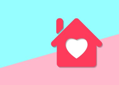kalp simgesi mavi ve pembe arka plan üzerinde gölge ile düz modern pastel renkli ev