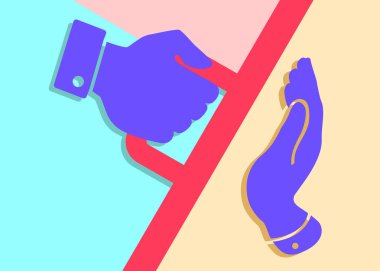 Pastel renkli pembe ve mavi arka plan itme ve çekme simgesine düz modern sanat tasarım grafik görüntü. 