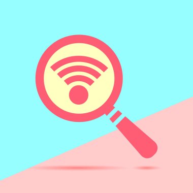 düz modern grafiklerde Büyüteç piktogram mavi ve pembe pastel renkli arka plan üzerinde arama wifi ile