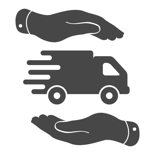 Två Händer Med Platt Lastbil Piktogram Vit Bakgrund — Stock vektor