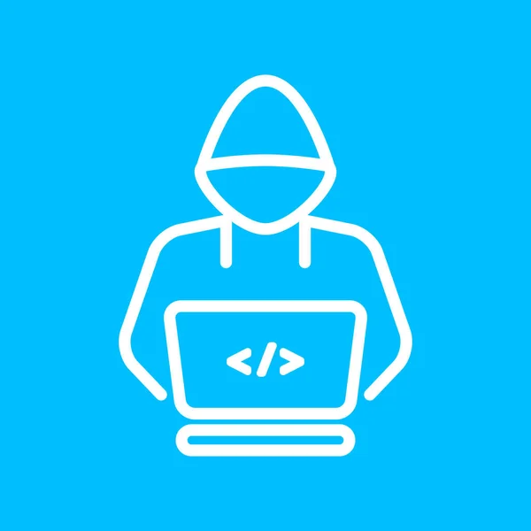 Weiße Dünne Lineart Hacker Oder Programmierer Symbol Auf Blauem Hintergrund — Stockvektor