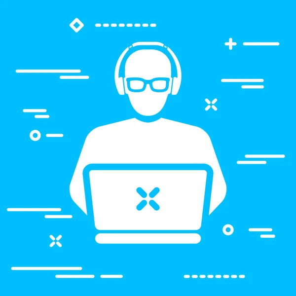 Adamın Gözlük Mavi Renkli Laptop Çalışma Kulaklık Ile Düz Simgesi — Stok Vektör