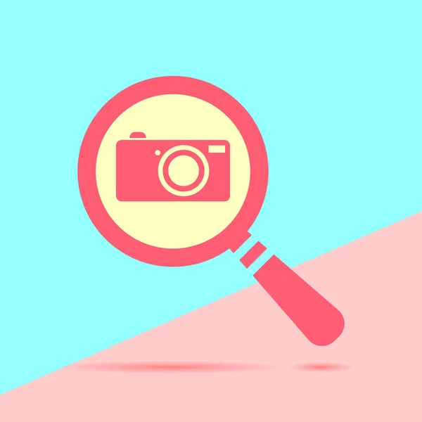 现代扁平红色平面放大镜搜索图标与阴影在蓝色和粉红色粉彩彩色背景照片相机 — 图库矢量图片