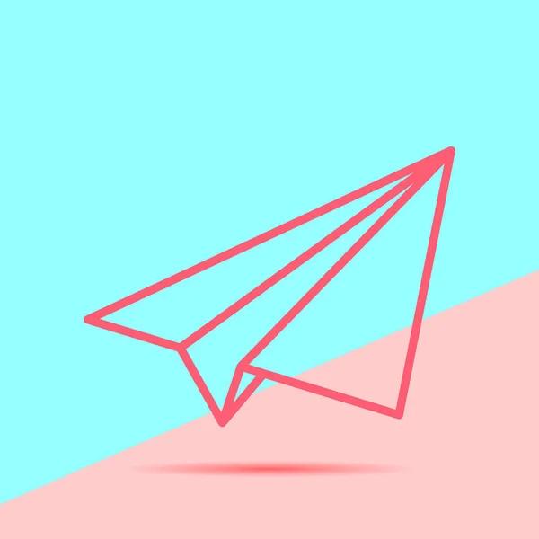 フラット ライン モダンなパステル カラーのピンクとブルーの背景の影と紙飛行機のアイコン — ストックベクタ