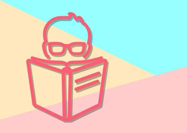 Icono Plano Cabeza Masculina Con Gafas Leyendo Libro Sobre Fondo — Archivo Imágenes Vectoriales