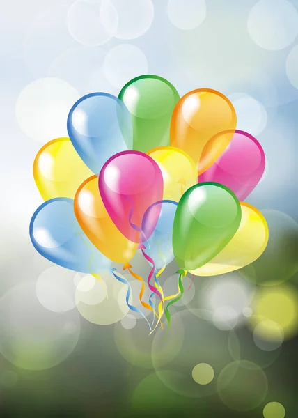 Set Von Bunten Hochglanz Luftballons Auf Natürlichen Frühling Verschwommen Blasen — Stockvektor
