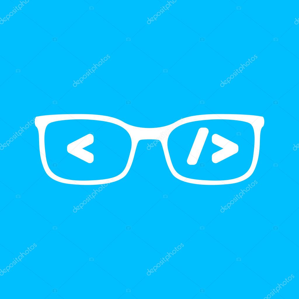 Flat white glasses with code. Coder or programmer symbol. Concept of software developer or engineer icon on blue bakground
