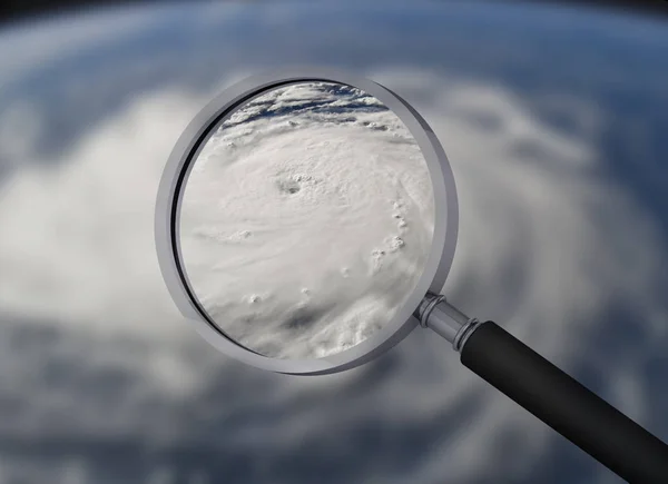 3d magnifying glass with hurricane view from space. Elements of — Stock Photo, Image