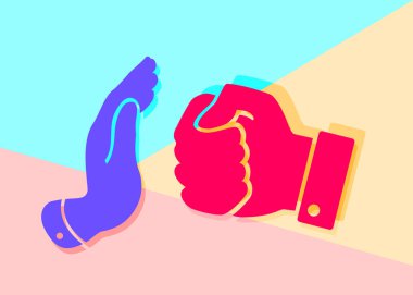 Simge barış el jest düz grafik görüntü, kırmızı yumruk durdurmak