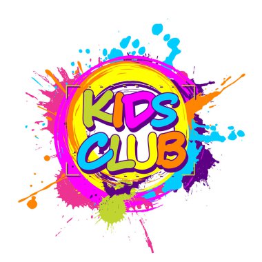 Oyun ve eğlence için çocuk oyun alanı için dairesel Kids Club amblemi ile renkli boya sıçramaları