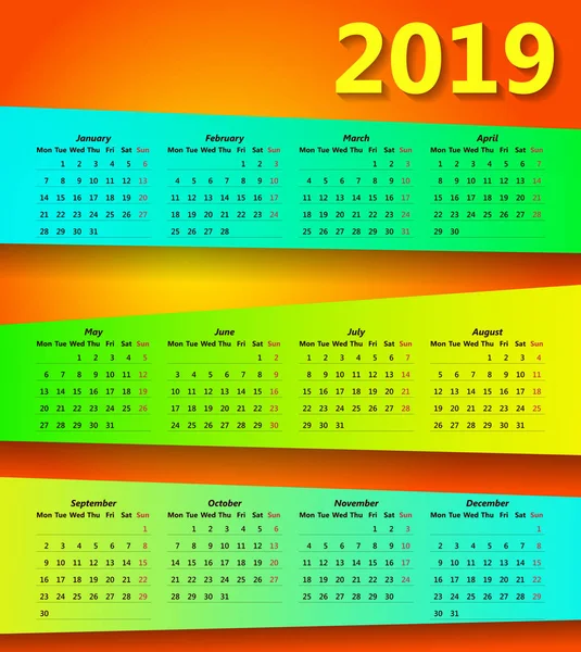 2019 colorful abstract calendar modern minimal design — Stock Vector