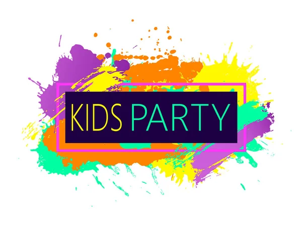 어린이 놀이를위한 키즈 파티 엠블럼과 다채로운 페인트 스플래시 — 스톡 벡터