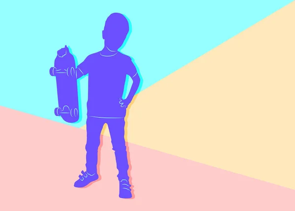 Platt minimal violett silhuett av pojke stående med en skateboard — Stock vektor