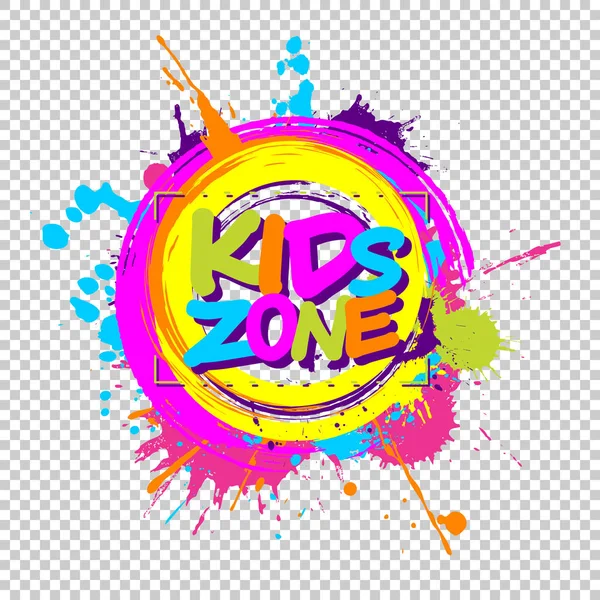 Bunte Farbspritzer mit Kids Zone Emblem für Kinderspielplatz für Spiel und Spaß auf kariertem Hintergrund. — Stockvektor