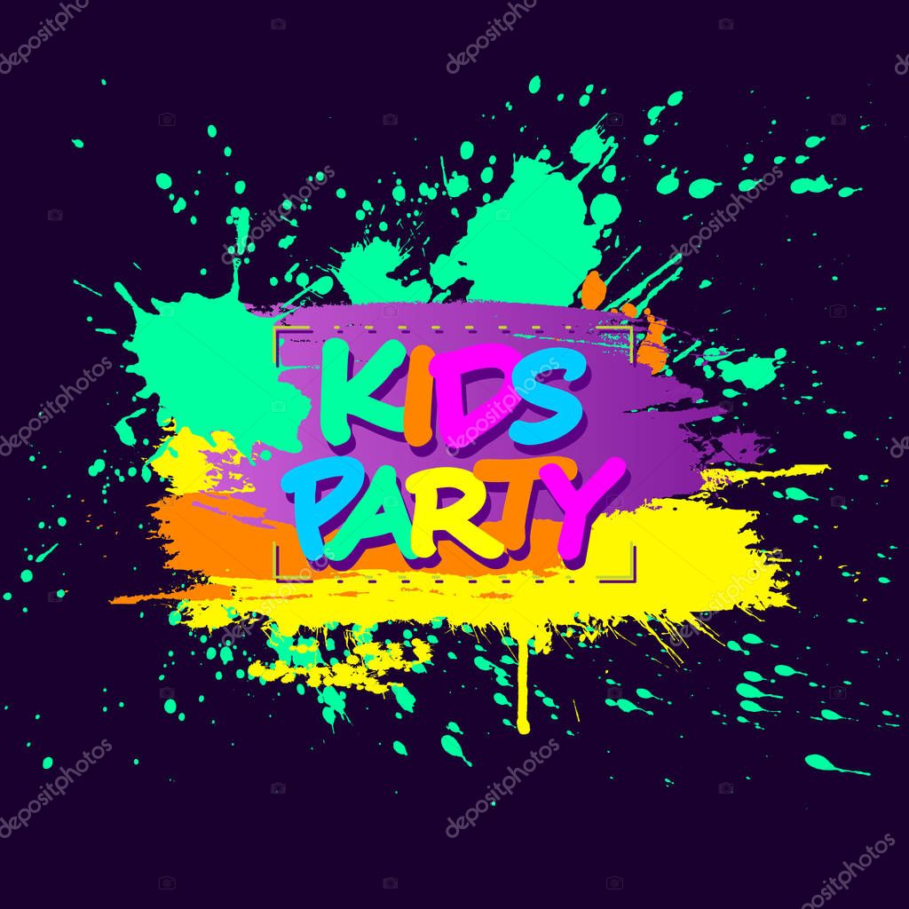 Modern colorful frame design with Kids Party sign for children playground for play and fun on violet background.