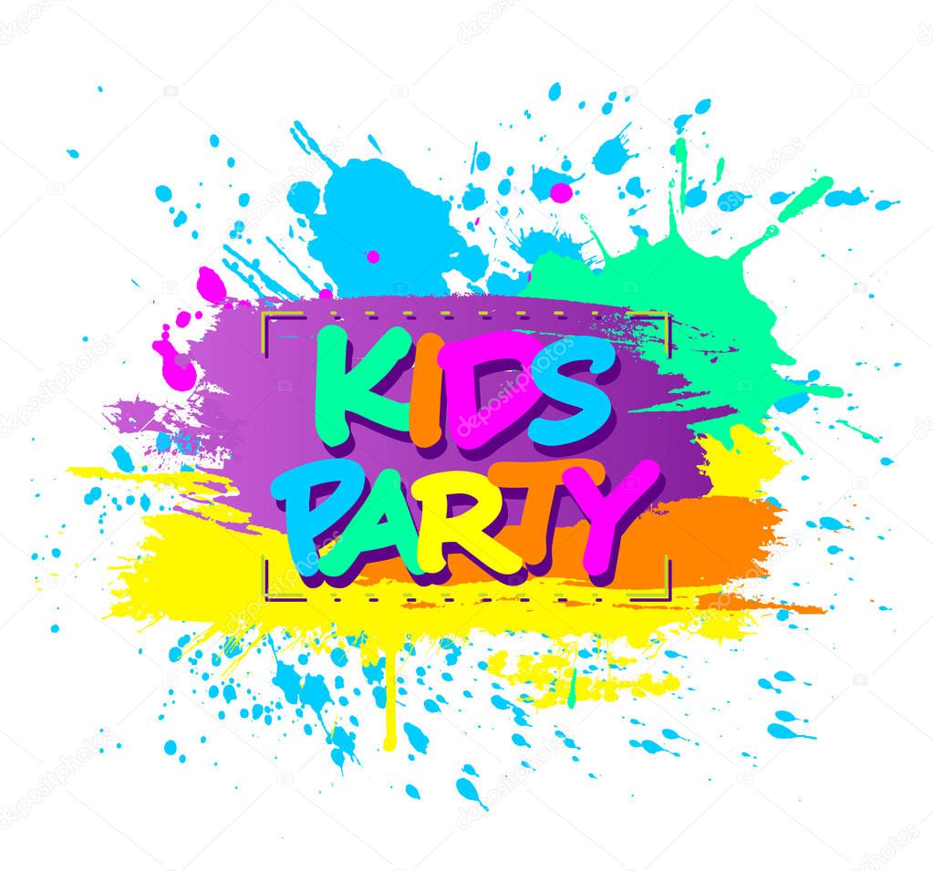 Kids Party emblem  with colorful paint splashes with for children playground for play and fun on white background