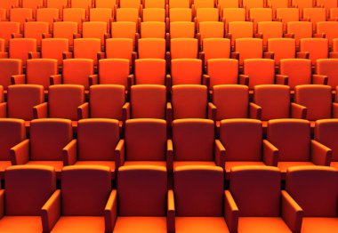 Sinema tiyatrosunda boş turuncu sandalye 3d illüstrasyon