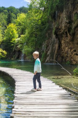 Plitvice gölleri milli parkının ormanına el değmemiş çalılıklardan geçen ahşap bir yol üzerinde duran çocuk