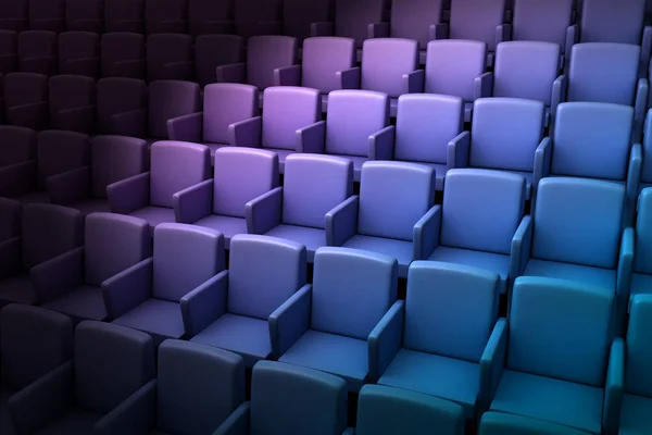 3d illustration of gradient colored empty chairs in cinema theater — Stock Photo, Image