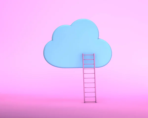 在柔和的粉红色背景上，最小蓝色云和粉红色梯子的 3d 插图 — 图库照片