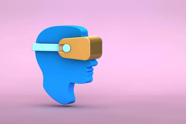 3D-illustratie van platte lay moderne minimale man hoofd in gouden virtual reality bril pictogram met schaduw op Pastel gekleurde roze achtergrond — Stockfoto