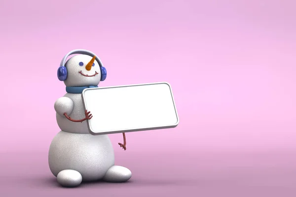 3d ilusão de mínimo bonito boneco de neve segurando uma placa em branco em um fundo cor de rosa pastel — Fotografia de Stock