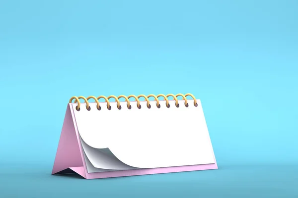 3D illustration av blank rosa skrivbords papper kalender på en minimal blå pastellfärgad bakgrund — Stockfoto