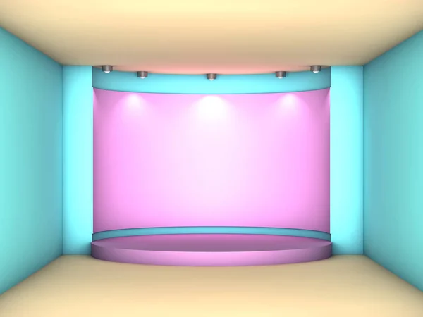 3d illustration of minimalism empty pink niche and podium with spotlights for exhibit in blue interior