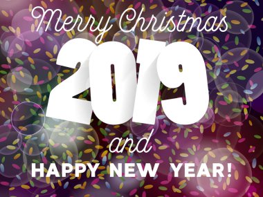 Mutlu Noeller ve Mutlu Yıllar 2019 arka plan dekorasyonu. Konfeti ile tebrik kartı tasarım şablonu.