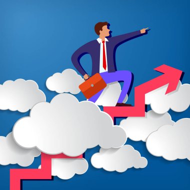 işadamı Ok büyüyen duruyor ve beyaz kağıt bulutlar arasında hareket yönünde ileri işaret