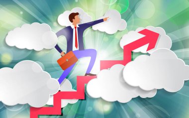 işadamı ok büyüyen ve güzel bahar yeşil güneşli ışınları ışık arka plan üzerinde beyaz kağıt bulutlar arasında hareket yönünde ileri ye doğru işaret ediyor