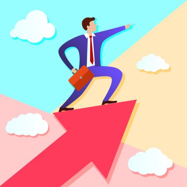 pastel minimal işadamı Ok büyüyen üzerinde duruyor ve beyaz bulutlar ile hareket yönünde ileri işaret