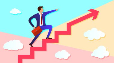 pastel minimal renkli işadamı adımlar Ok ve ileri hareket yönünde ileri işaret büyüyen duruyor