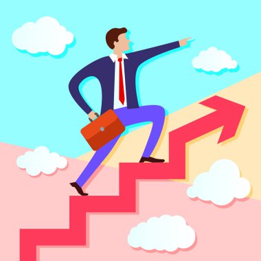 pastel minimal renkli işadamı adımlar Ok ve ileri hareket yönünde ileri işaret büyüyen duruyor