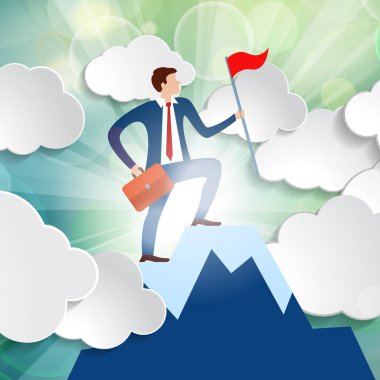güzel bahar yeşil güneşli ışınları ışık arka plan üzerinde beyaz kağıt bulutlar arasında dünya iş sembolize dağın tepesinde bir çanta ve bir bayrak ile başarılı işadamı