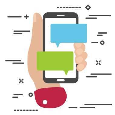 sohbet mesajı bildirimleri ile cep telefonu tutan düz minimal el. Akıllı telefon ve sohbet kabarcık konuşmaları ile kol. Metin mesajlaşma düz tasarım konsepti.