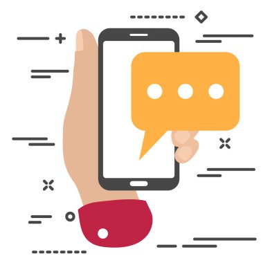 sohbet mesajı bildirimleri ile cep telefonu tutan düz minimal el. Akıllı telefon ve sohbet kabarcık konuşmaları ile kol. Metin mesajlaşma düz tasarım konsepti.