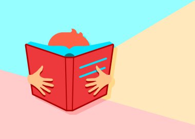 düz pastel renkli mavi ve pembe arka plan üzerinde gölge ile büyük bir kırmızı kitap simgesi okuma modern minimal çocuk yatıyordu