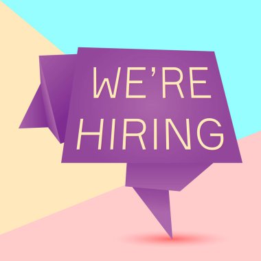 Biz pembe ve mavi arka plan üzerinde metin işe olan mor origami kene afiş Düz sanat tasarım grafik görüntü