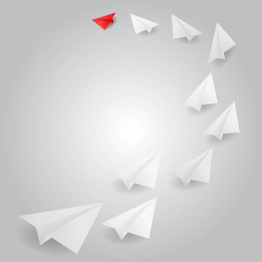 liderlik kavramı. ortak bir hedefe yönelik beyaz uçaklar uçan önde gelen kırmızı kağıt uçak