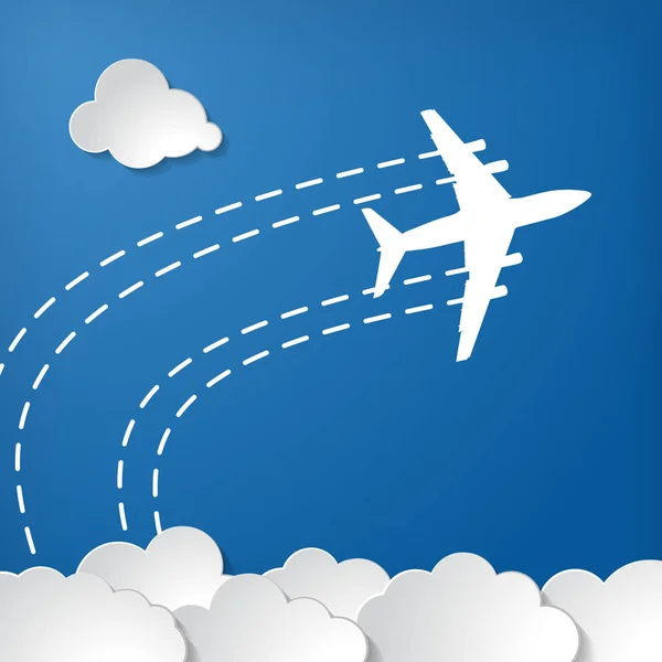 파란색 공기 배경에 흰색 산책로와 종이 구름이있는 평면 비행기 — 스톡 벡터