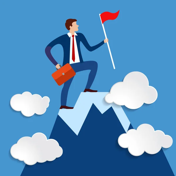 Успішний бізнесмен з портфелем і прапором на вершині гори, що символізує світовий бізнес — стоковий вектор