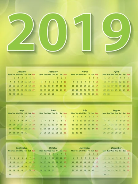 Abstrato fundo verde luzes embaçadas, verde bokeh abstrato luz 2019 ano calendário — Vetor de Stock