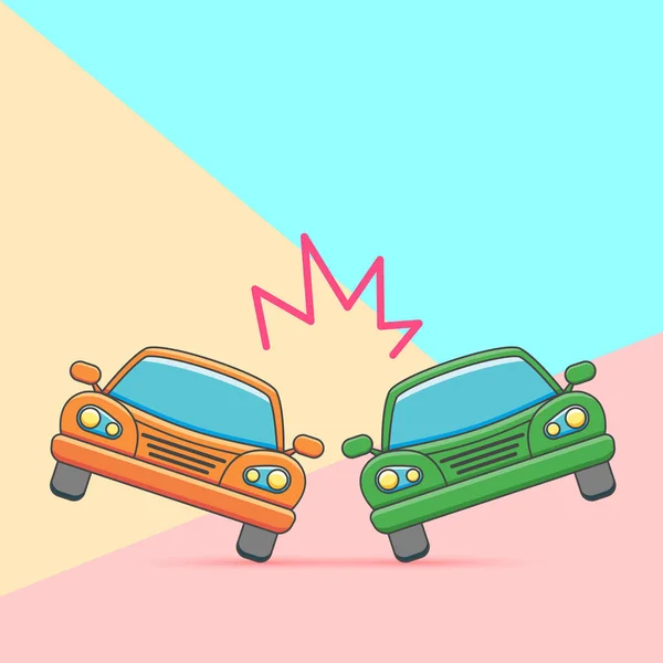 Flat minimal graphic image concept of car crash vector illustration, two automobiles collision, auto accident scene on pastel colored blue and pink background — Stock Vector
