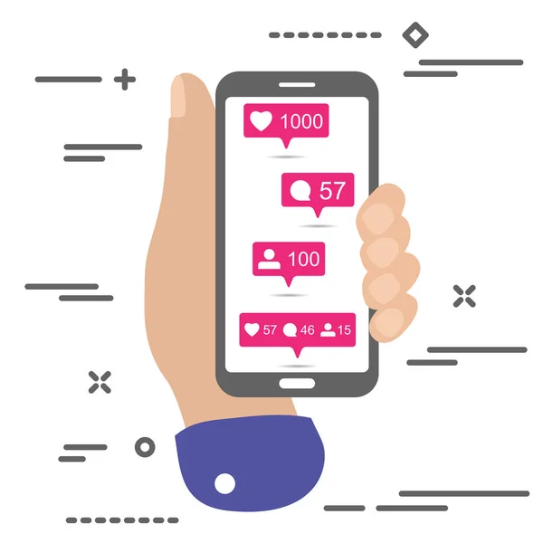 Hand houden mobiele telefoon withshare, zoals, commentaar, repost Social Media UI iconen op het scherm op witte achtergrond. Roze Bubble icon set voor websites, blog, mobiele interfaces — Stockvector