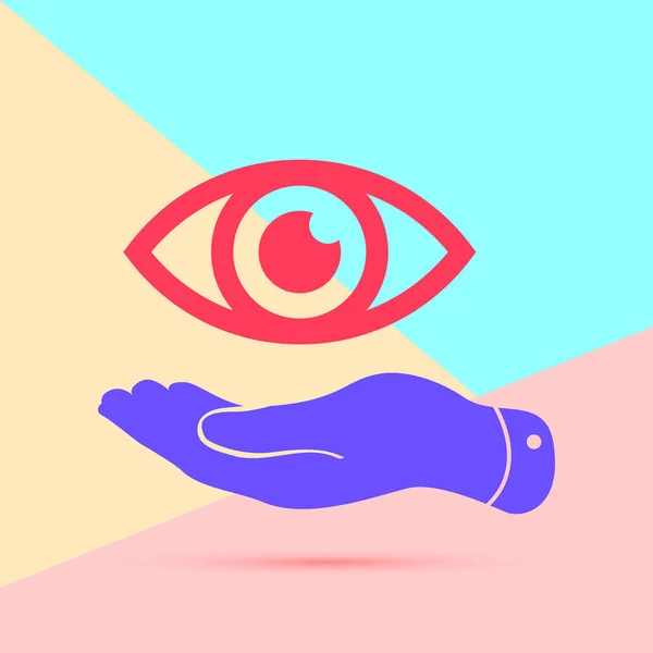 Flache Lage moderne rosa flache Hand stellt das Augensymbol mit Schatten auf pastellfarbenem blauen und rosa Hintergrund dar — Stockvektor