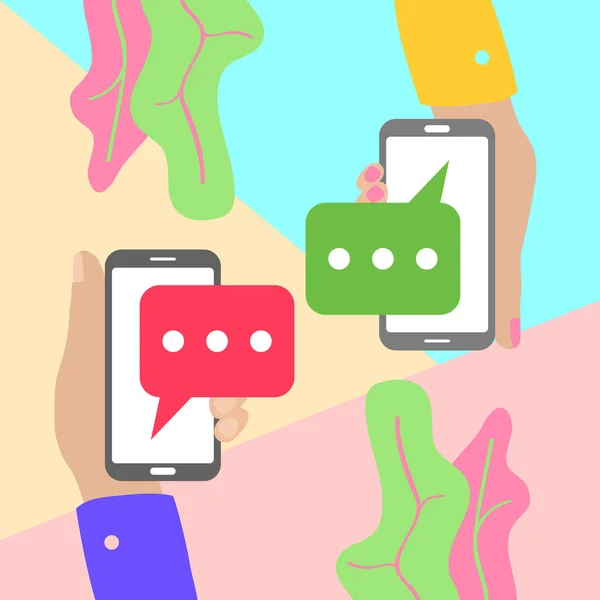 Platte lay moderne minimale handen houden mobiele telefoons met chatbericht meldingen met schaduw op Pastel gekleurde blauwe en roze achtergrond. Tekst messaging plat ontwerpconcept. — Stockvector